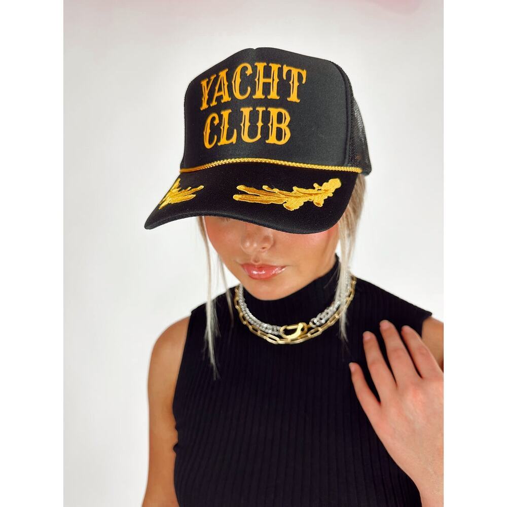 OTTO “Yacht Club” Captain Trucker Hat Black Gold Mesh Snapback Coastal Retro NEW